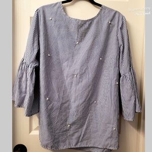 MILEAGE Blue Striped Bell Sleeve Top